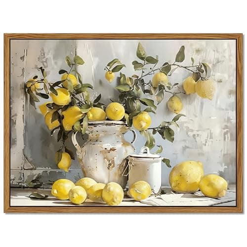 Framed Lemon Kitchen Wall Decor for Dining Room - Vintage Mustard French's Yellow Lemon Kitchen Wall Art, Rustic Oil Paintings Posters Prints for Bathroom Living Room Bedroom 16x24 inch