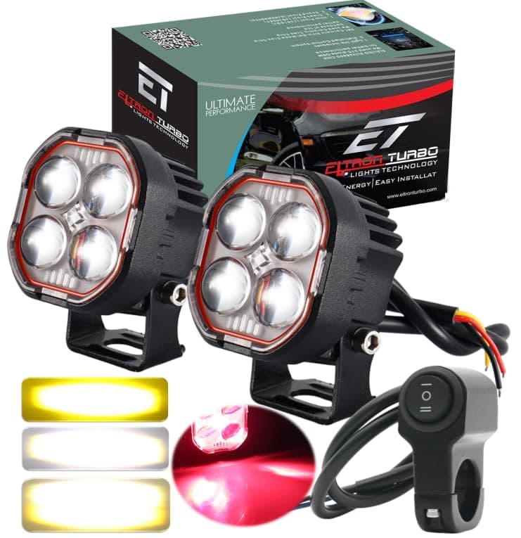 ELTRON TURBO Imported 3 Months Warranty 4 Led 12-24V 110W DC Power Fog Light Waterproof Universal Fit For All Bikes,Scooties,Cars (Pack of 2, Yellow, White, Flashing Reflection, Devil Light, Switch)
