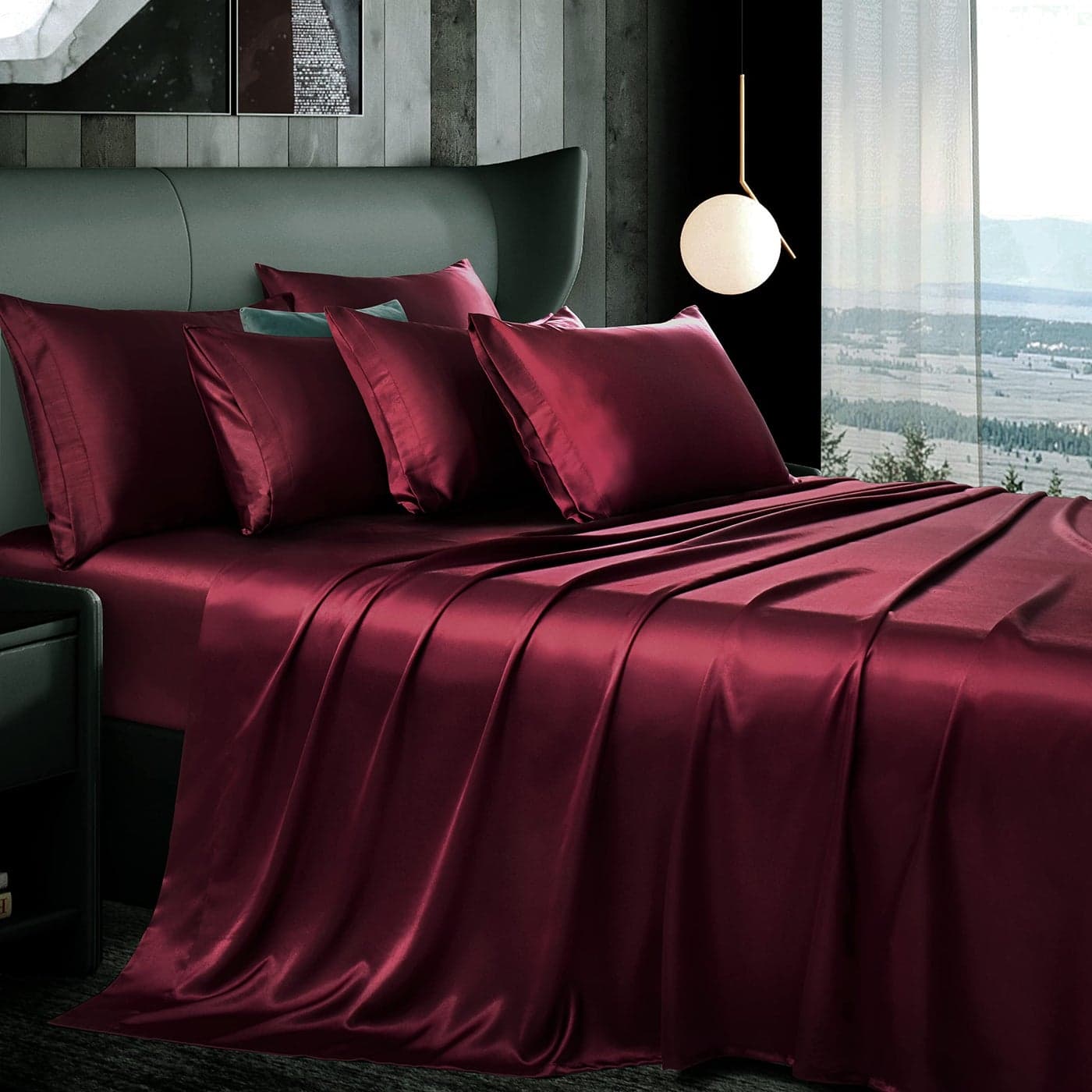 Manyshofu 7Pcs Maroon Satin Sheets King Size Set Luxurious Soft Satin Bedding 1 Fitted Sheet 1 Flat Sheet 4 Pillowcases 1 Body Pillowcase
