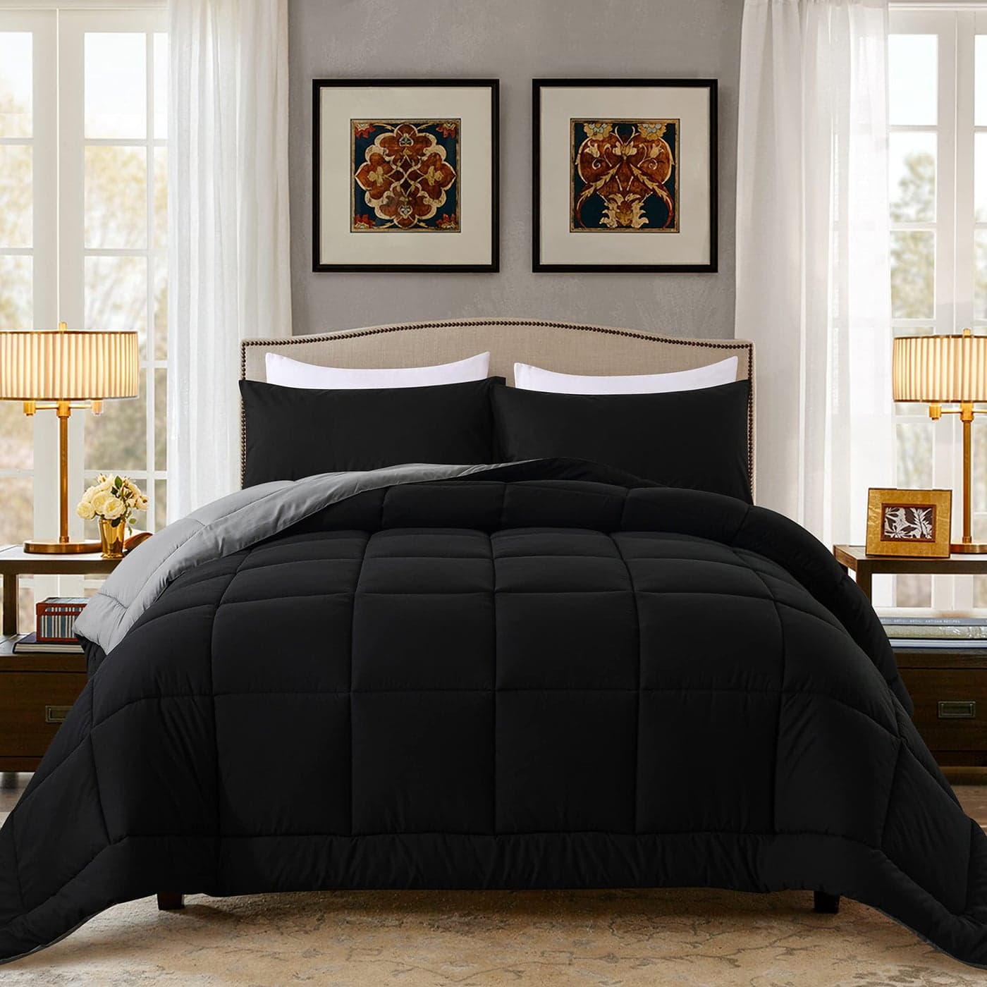 DOWNCOOL Full Size Comforter Sets All Season Bedding Comforters Sets with 2 Pillow Cases 3 Pieces Bed Set Down Alternative Comforter Set BlackGrey Bedding Sets Full82x86