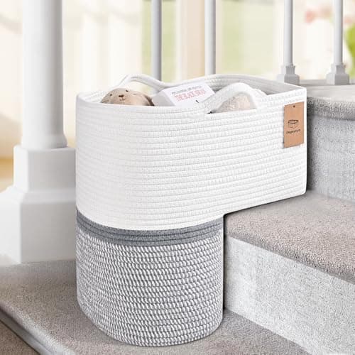 Degeyoyo Woven Stair Basket Stair Baskets for Wooden Stairs Carpeted Stairs Storage Basket with Handles Staircase Baskets for Toys Books Gray 15 L x 10 W x 15 H