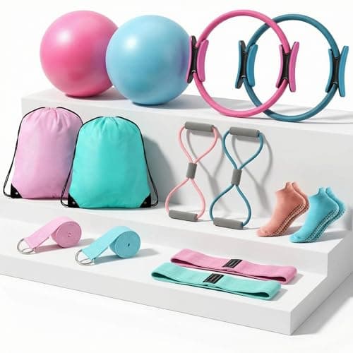 Poen 14 Pcs Pilates Equipment Kit for Home Workout Pilates Ring and Ball Set for Women 12 Circle Yoga Fitness Essentials Kit with Resistance Bands Yoga Strap SocksBag PinkGreenBlue