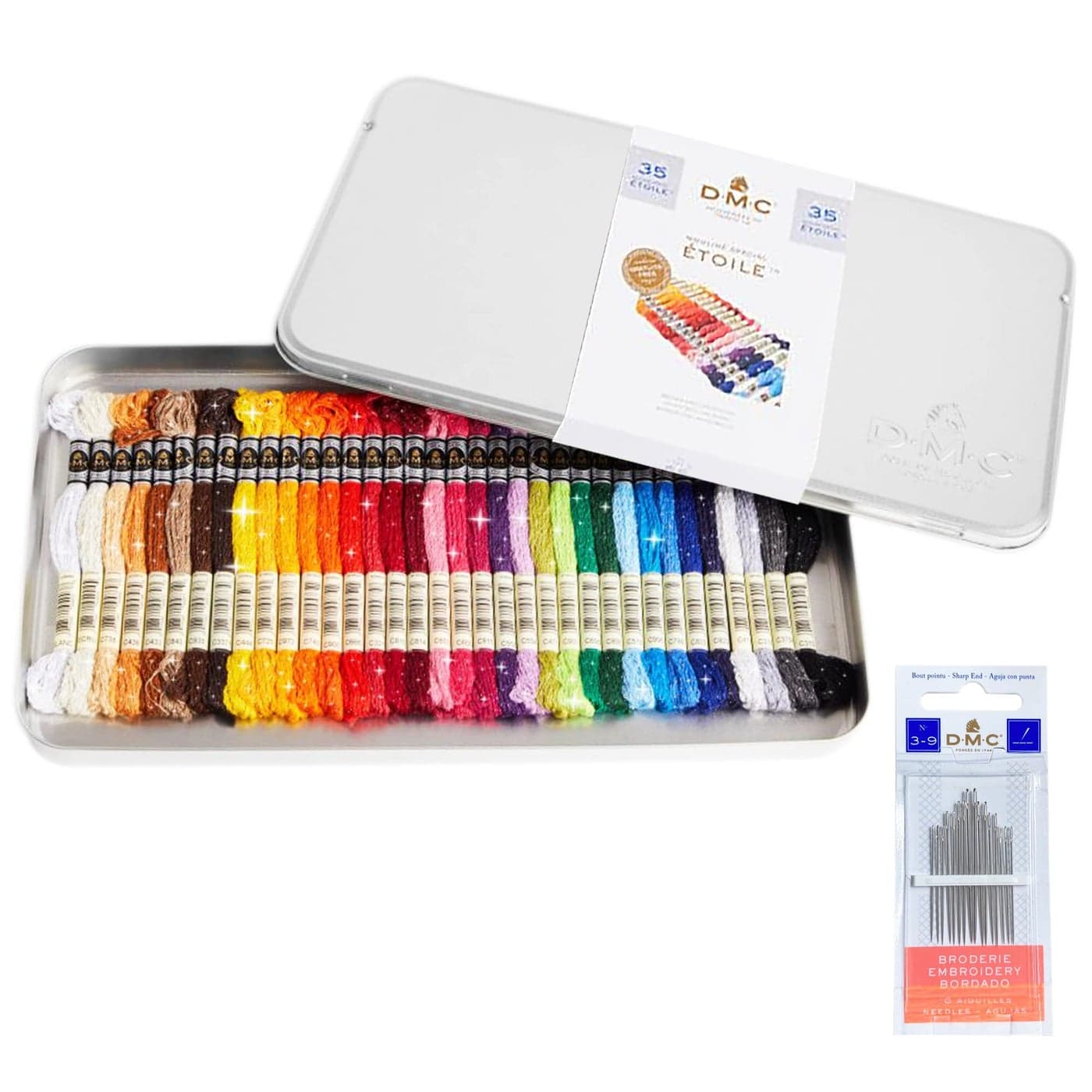 DMC Mouline Etoile Collector Tin 35 Colorful Metallic Embroidery Thread Kit with DMC Cross Stitch Needles Size 39