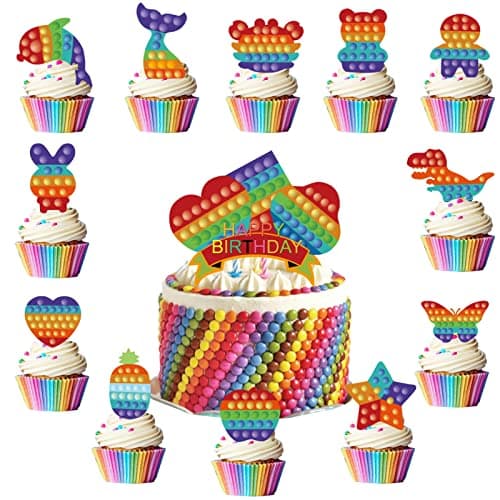 Festiko®Happy Birthday Cake topoer,25 picece of Pop Fidget Happy Birthday Sign,Cupcake top per,Birthday Party Decoration Items for Boys, Girls, Ladies, Men