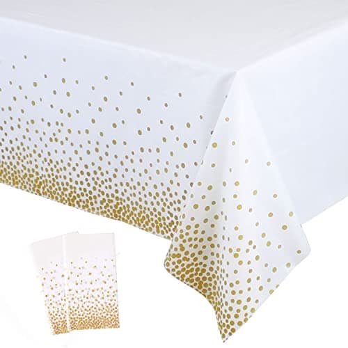 2 Pack White and Gold Tablecloth Disposable Gold Tables Tablecloths for Rectangle 54 x 108 Plastic Tablecloth Party Table Covers for Birthday Thanksgiving Christmas Wedding Outdoor BBQ White
