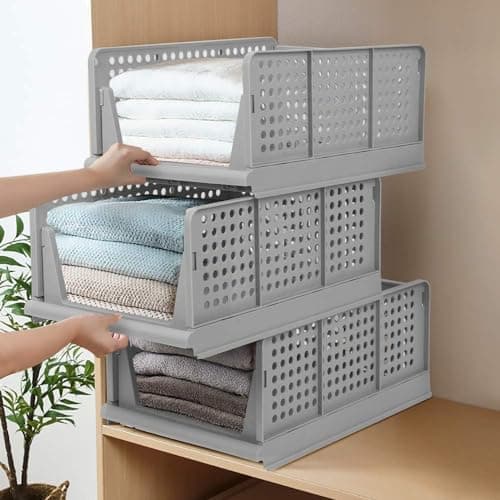 JEYANG Stackable Wardrobe Organizer for Clothes - Multipurpose Foldable Plastic Closet Storage Cupboard for Home Kitchen, Bedroom (Pack of 6, Grey)