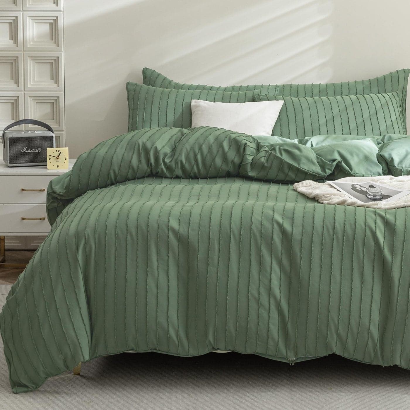 JELLYMONI Duvet Cover King Size Green 3PCS Boho Striped Duvet Cover Set Microfiber Tufted Bohemian Textured Comforter Cover 10490in with Corner Ties Zipper and 2 Pillowcases