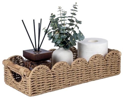 CubesLand Bathroom Basket Organizer wCut Out Handle Back of Toilet Paper Storage Baskets Tray for Bathroom Countertop Decorative Scalloped Wicker Basket Also for Home Decor Living Room Neutral