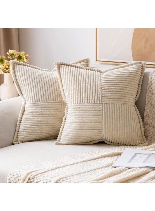 Corduroy Pillow Covers with Splicing Set of 2 Super Soft Boho Striped Pillow Covers Broadside Decorative Textured Christmas Throw Pillows for Couch Cushion Livingroom 18x18 inch, Beige