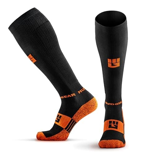 MudGear Compression Socks for Trail Running, Recovery, Travel, and Outdoor Adventures – Graduated, Durable, Sweat-Resistant, Boot Height, Large, Black/Orange