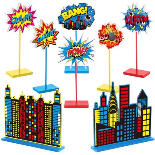 Geelin 8 Pcs Hero Theme Party Decorations Hero Wooden Tabletop Signs Freestanding Wooden Table Signs Table Topper Decors for Birthday Party Baby Shower Decor Supplies