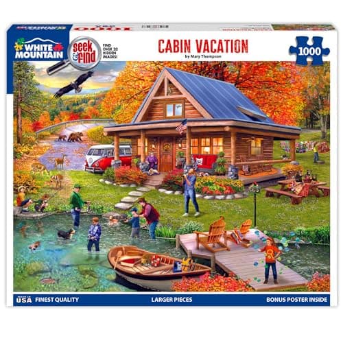 White Mountain 1000 Piece Jigsaw Puzzle Fall Landscape Fishing Puzzles with Large Pieces Gifts for Adults and Family 24x30 Cabin Vacation