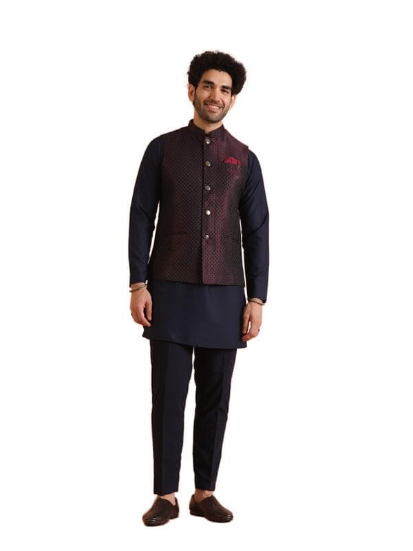 KISAH Silk Blend Kurta Jacket Trouser Set for Men | Nehru Jacket Waistcoat Kurta Set with Trousers | Mens Ethnic Collections-KA-0941-5461-T306-42-Purple