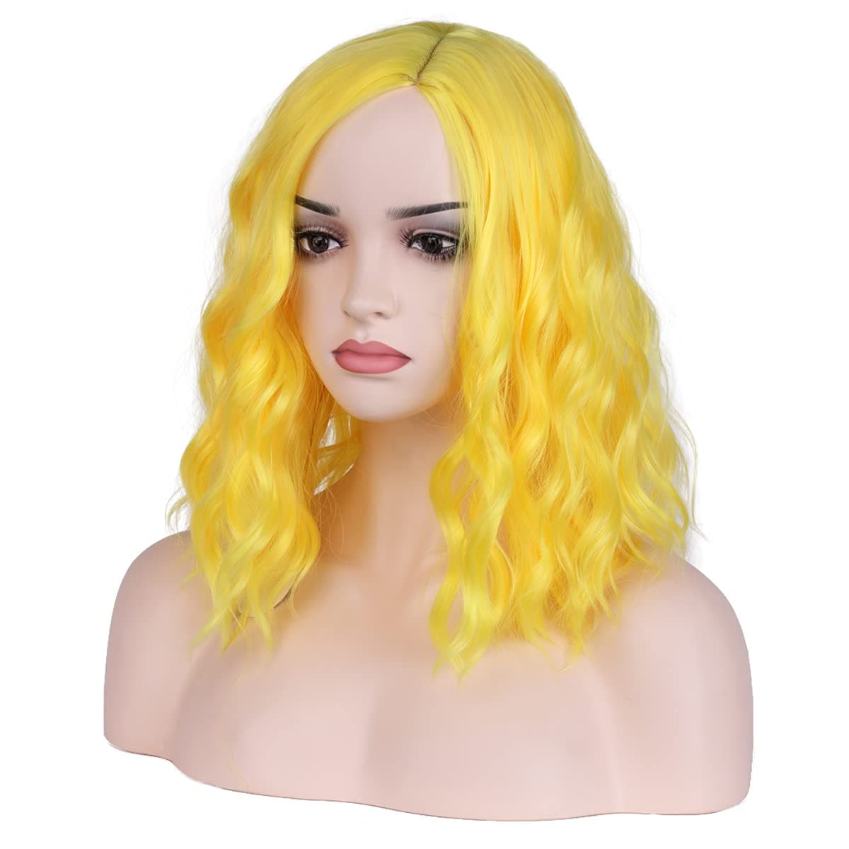 MAGQOO Yellow Wig Side Part Short Curly Wavy Bob Wig Yellow Hair Wigs Synthetic Halloween Cosplay Costume Party Wigs Yellow Women Girls