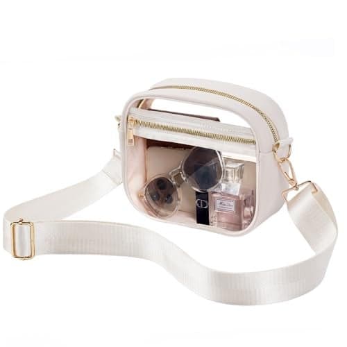 Fibrdoo Clear Bag Stadium Approved, Leather Clear Crossbody Purse Bag for Concerts Sports Events Festivals (Beige)