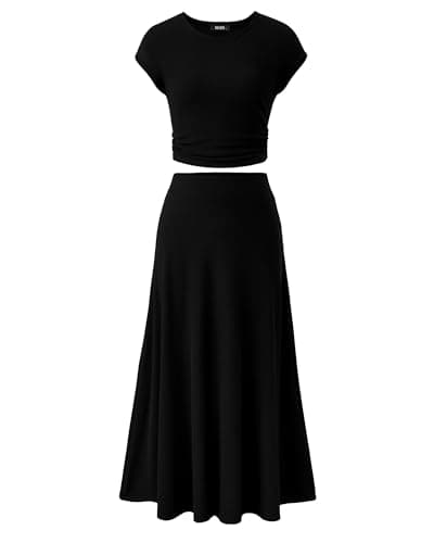 BTFBM Women Two Piece Skirt Set Summer 2025 Casual Vacation Crew Neck Short Sleeve Cropped Top Elastic Waist Midi Skirts(Black, Small)