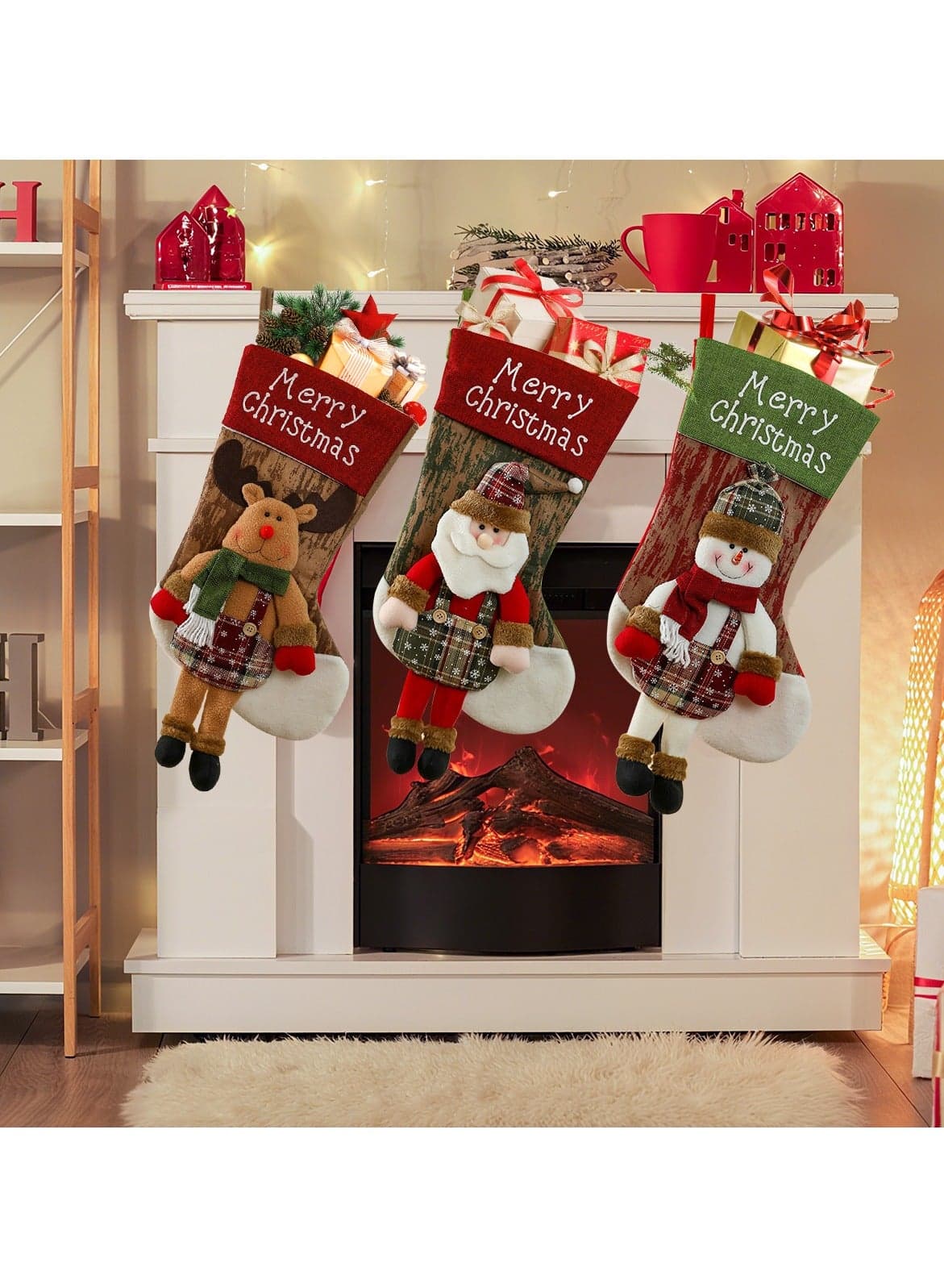 3 PCS Christmas Stockings Bulk Xmas Stockings Decoration Santa Snowman Reindeer Family Stockings Christmas Tree Decorations Gift Bags for Family Holiday Party Home Decor