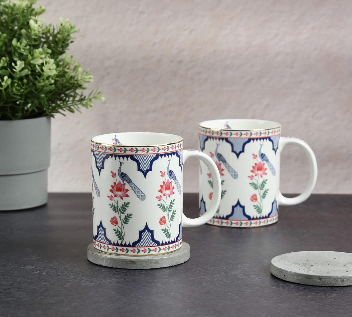 India Circus by Krsnaa Mehta Chevron Perching Peacock Mug Design Tea Cups Set Coffee Mug Microwave Safe to Gift to Best Friends 360 ml Set of 2