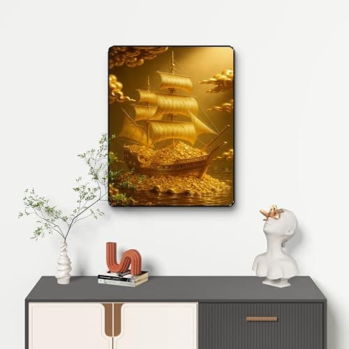 SAF Golden Wealth Ship Wall Art | Treasure Ship Sailing Painting with Black Frame & Sparkle Lamination | Money Attraction Vastu Decor for Office Shop Home (14 Inch x 11 Inch) K-36114