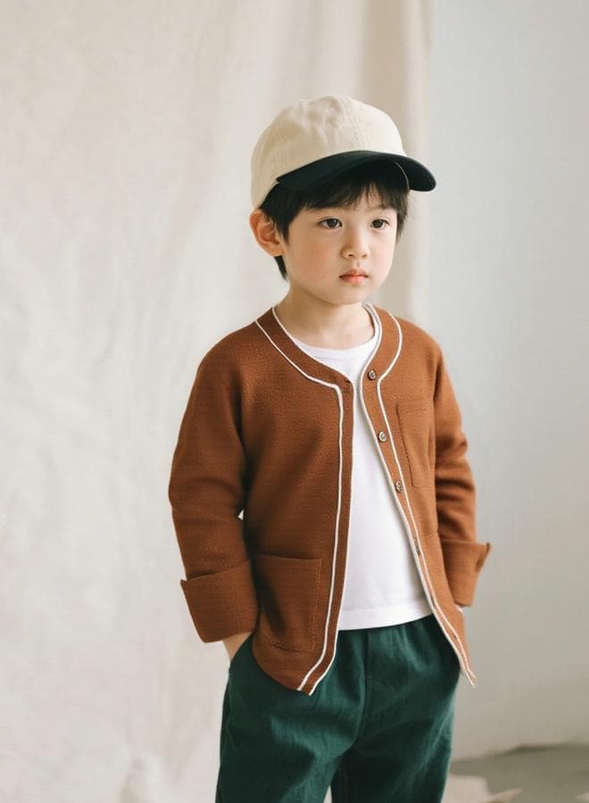 Solid Round Neck Button Up Long Sleeve Jacket — 6-7 YRS