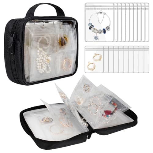 MAYCREATE® Travel Jewelry Organizer Case, Jewelry Storage Book Transparent Jewelry Binder with 70PCS Portable Anti Tarnish Clear Zippered Pouch Bags 2 Sizes for Necklaces Bracelet Earrings Rings