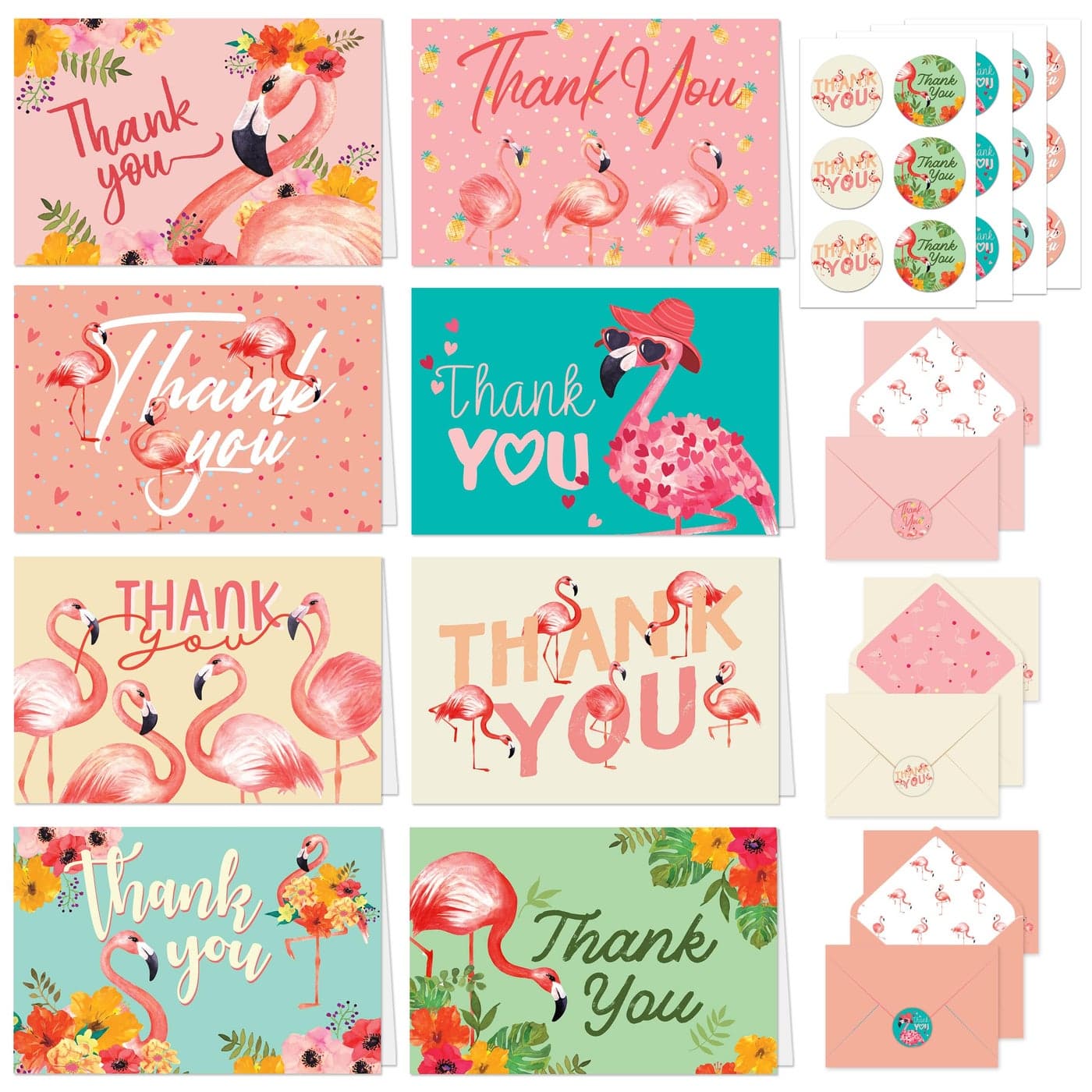 Decorably 24 Pack 6x4in Flamingo Thank You Cards with Envelopes and Stickers 8 Adorable Designs Tropical Thank You Cards Blank Inside Kids Party Baby Shower Birthday
