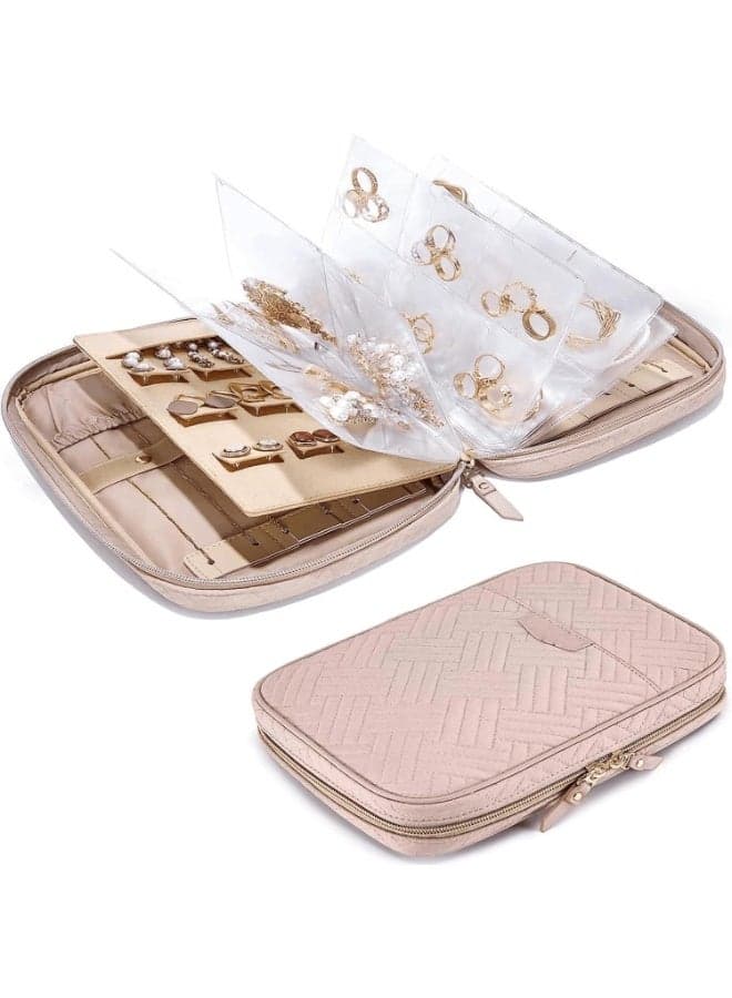 Jewelry Travel Organizer Case, Transparent Jewelry Storage Book with Zipper Pouch, Ring Binder for Necklaces, Earrings, Rings, and Bracelets (Pink)