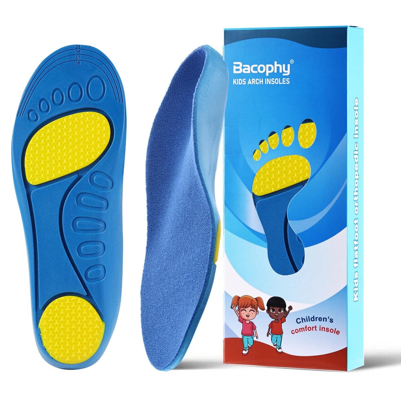 Bacophy Kids Orthotic Arch Support Shoe Insoles Children Pu Cushioning Inserts Shock Absorption Velvet Surfaces Deep Heel Cup Inner Sole for Flat Feet Plantar Fasciitis Feet Heel Pain Relief