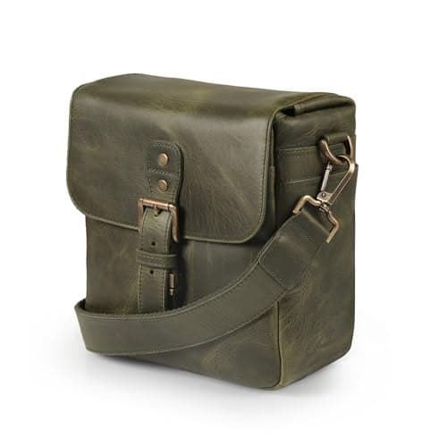MegaGear Genuine Leather Camera Messenger Bag compatible with DSLR Mirrorless Instant Cameras, Shockproof Padded Crossbody Shoulder Bag with Removable Insert, Green