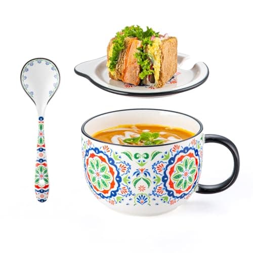 Chubacoo Soup Bowl with Lid & Spoon: Ceramic Large Microwavable Bowl with Plate Combo - Ideal for Ramen Cereal Oatmeal Noodles Sandwich Chip & Bread Dip Cracker - Big Handle, 32 oz, A-pattern