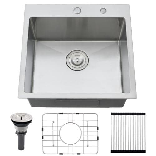 20 inch Drop In Kitchen Sink - VOKIM 20"x 19" Stainless Steel Top Mount Sink Single Bowl Handmade Small Bar sink with Accessories