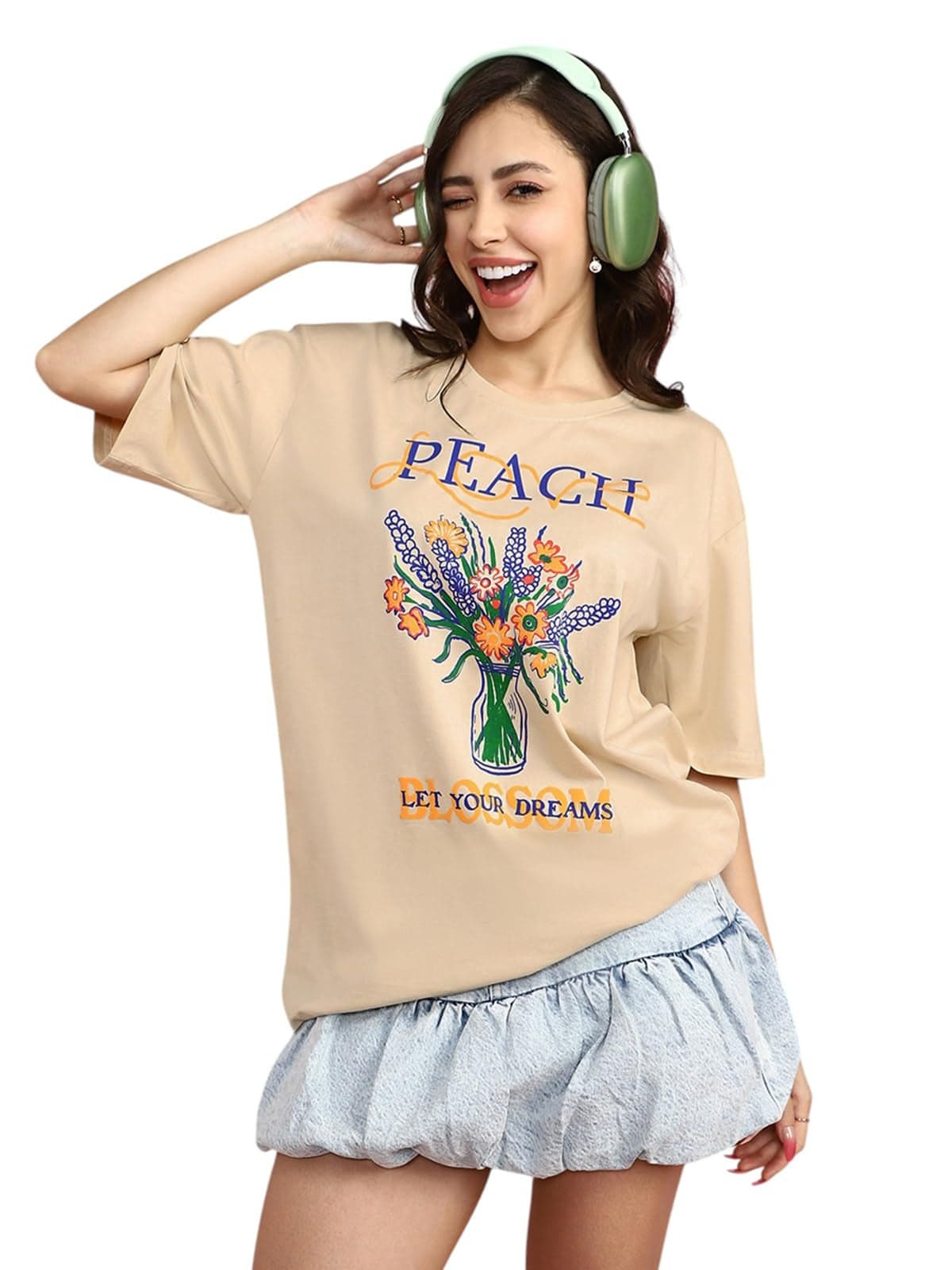 JUNEBERRY® Pure Cotton Oversized Baggy Fit Drop Shoulder Graphic Printed Round Neck T-Shirt for Women (OS_100_JBPCL_SW_S)