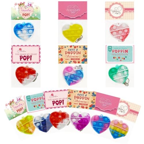 PRAABDC Valentines Day Gifts for Kids 24PCS Heart Mini Pop Bubble Fidget Toys with 24PCS Cards for Valentines Day Exchange Cards for Girls Boys Toddlers School Classroom Party Favors