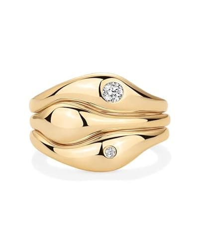 PAVOI 14K Yellow Gold Plated Chunky Stackable Rings Set for Women | Wavy Triple Ring Stack | Cubic Zirconia Bands Pack| Size 8