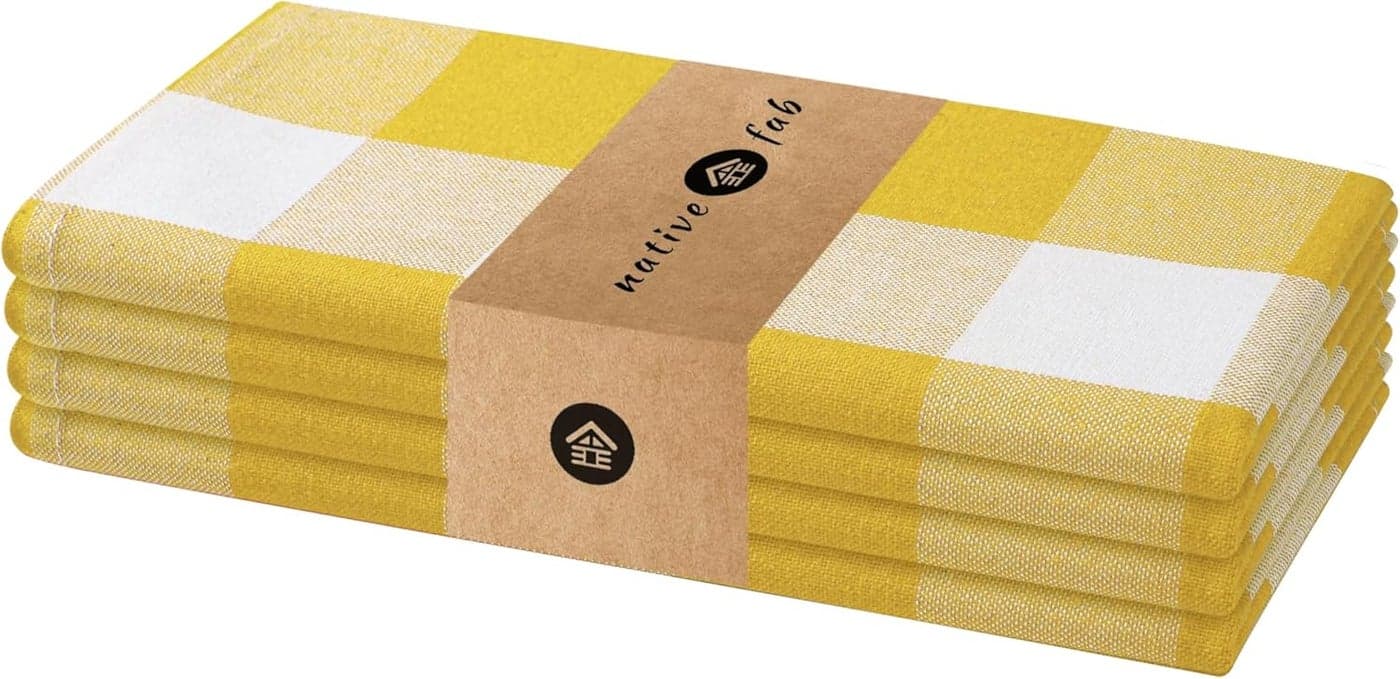 Native Fab Set of 4 Buffalo Plaid Cloth Dinner Napkins 100 Cotton 16x16 inches Soft Absorbent Restaurant Hotel Quality Easy Care Washable Everyday Use Lemon Yellow
