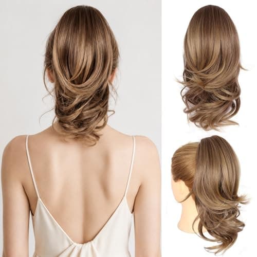 Clip on Ponytails for Women 14 Inch Curly Ponytail Extension Wavy Pony Tails Hair Extensions Synthetic Hair Extensions Ponytail Clip in Ponytail Color Dark Ash Blonde With Golden Ends