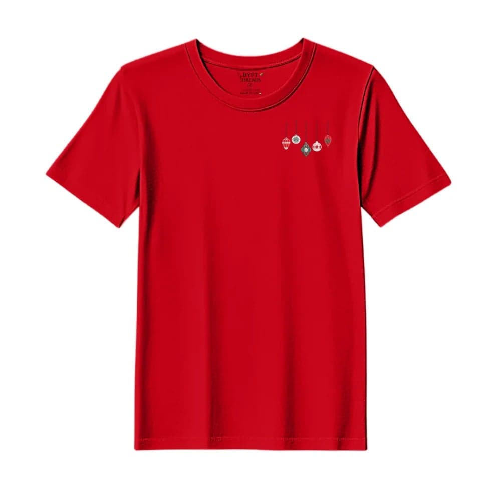 Threads Large Red Polycotton T-Shirt - Christmas "Christmas Ornament Set" Embroidered Design, Premium Holiday Collection