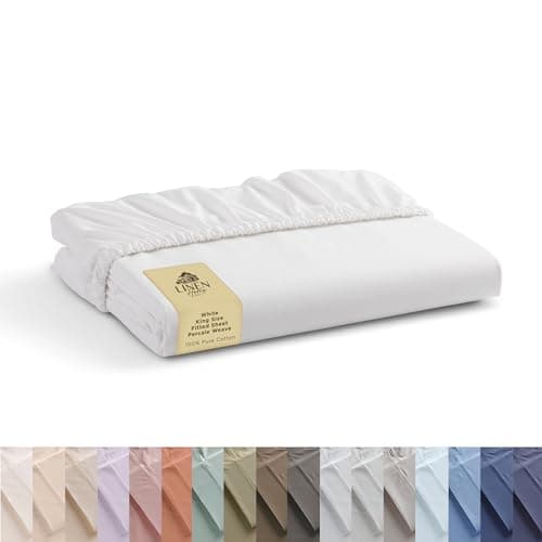 Linen Home 100% Cotton Percale Weave Fitted Sheet, King Size, White, 1 Deep Pocket Fitted Sheet, Fits Mattress Upto 16" Crisp and Cool Strong Bed Linen, 78"X80"+15"