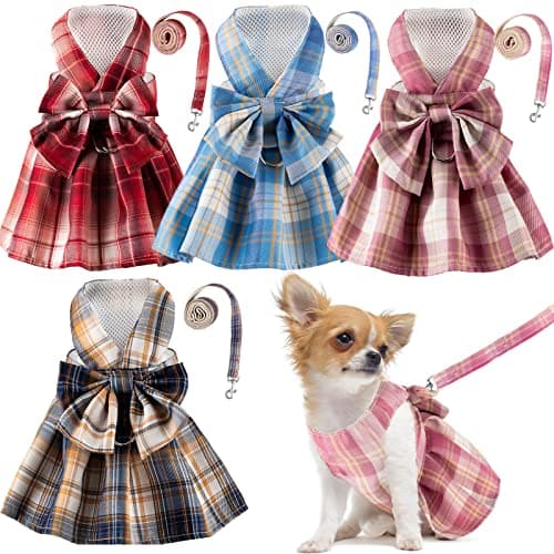 Potchen 4 Pcs Cute Plaid Dog Dress Set with Bow Tie Harness & Leash for Small Dogs, Puppy Clothes for Girls Outfits(Xs,Dark Color)