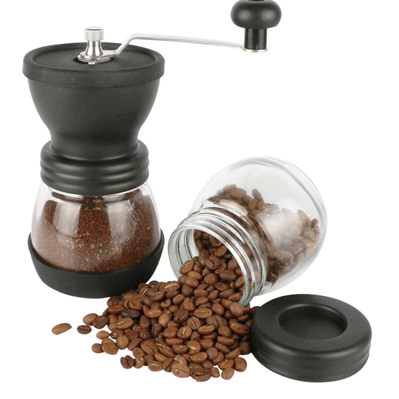 4Piece Mini Manual Coffee Grinder Set with Conical Ceramic Burrs Manual Adjustable Coarseness Includes Two Glass Jars Cleaning Brush and Measuring Spoon