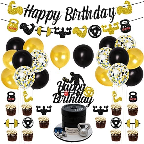 Gym Birthday Party Decorations Black and Gold Fitness Themed Party Decorations for Men Weight Lifting Theme Party Supplies with Fitness Cake Topper Glitter Gym Happy Birthday Banner
