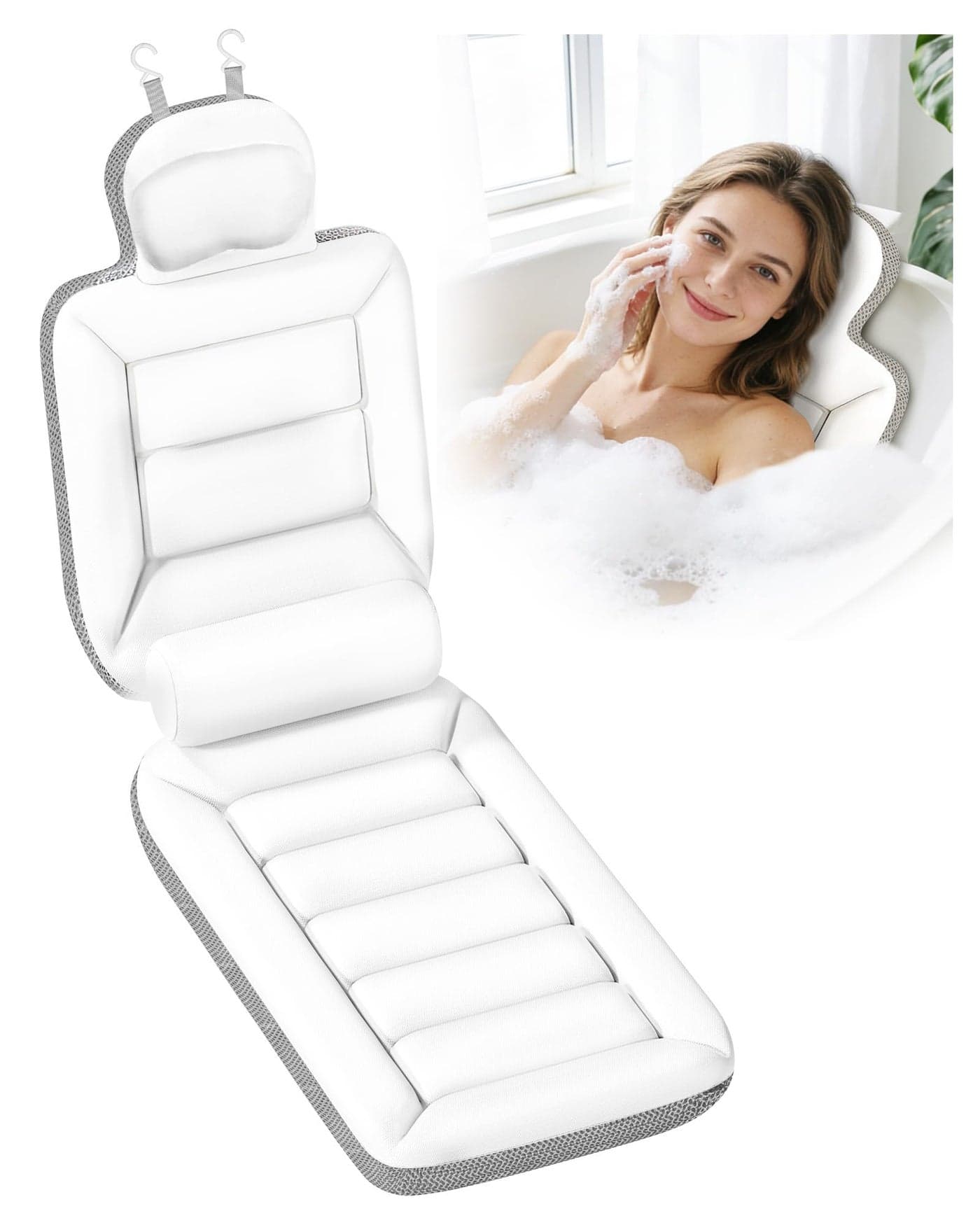 Full Body Bath Pillow for Bathtub, Thick Luxury Bathtub Cushion with Movable Lumbar Support and Laundry Bag, Bathtub Pillows for Head, Neck and Back Support, Bathtub Accessories for Women Spa Gift