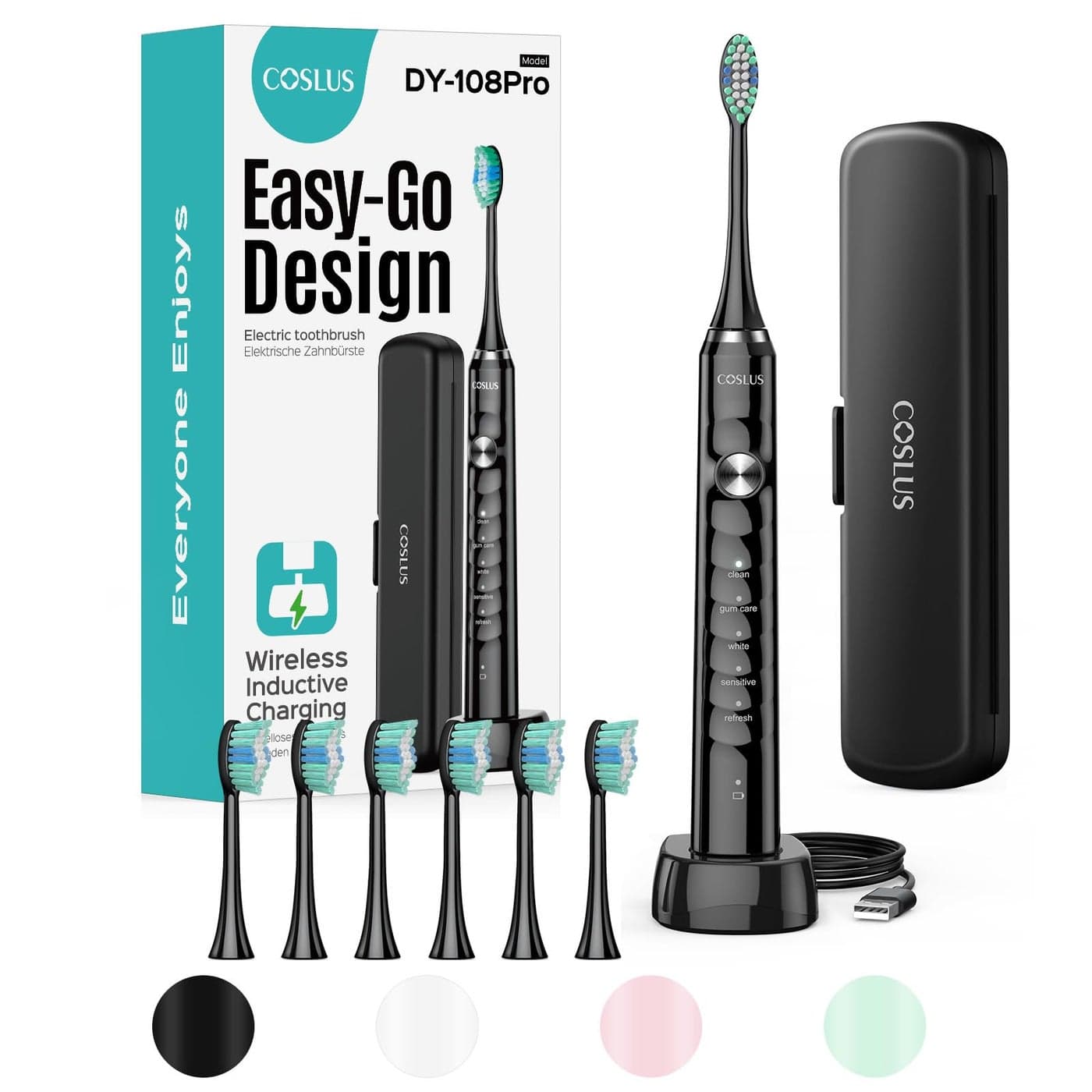 COSLUS Sonic Electric Toothbrush for Adults 47000 VPM for Deep Cleaning Whitening with Travel Case 5 Modes for Sensitive Teeth Braces Wireless Charging 6 Brush Heads for Home Family Black