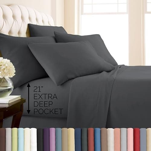 Southshore Fine Living, Inc. 6-Piece, 21-Inch Queen Deep Pocket Sheet Set, Wrinkle Free Sheets, Grey Queen Sheets Deep Pocket, Full Elastic Fitted Sheet, Oversized Flat, 4 Pillow Cases, Slate
