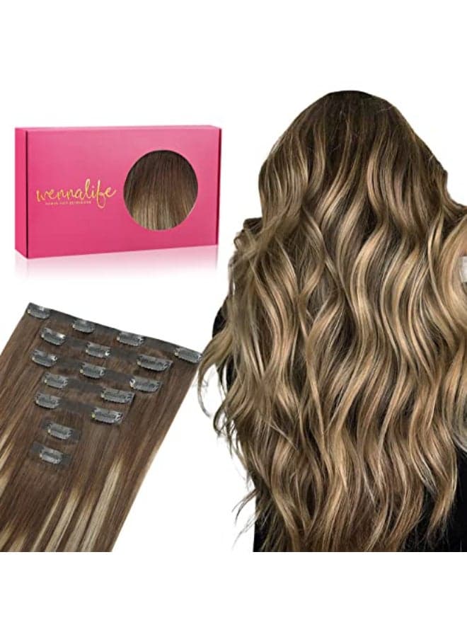WENNALIFE Seamless Clip In Hair Extensions 14 Inch 7pcs 130g Balayage Chocolate Brown to Honey Blonde Hair Extensions Clip In Invisible PU Skin Weft Real Human Hair Extensions Clip In