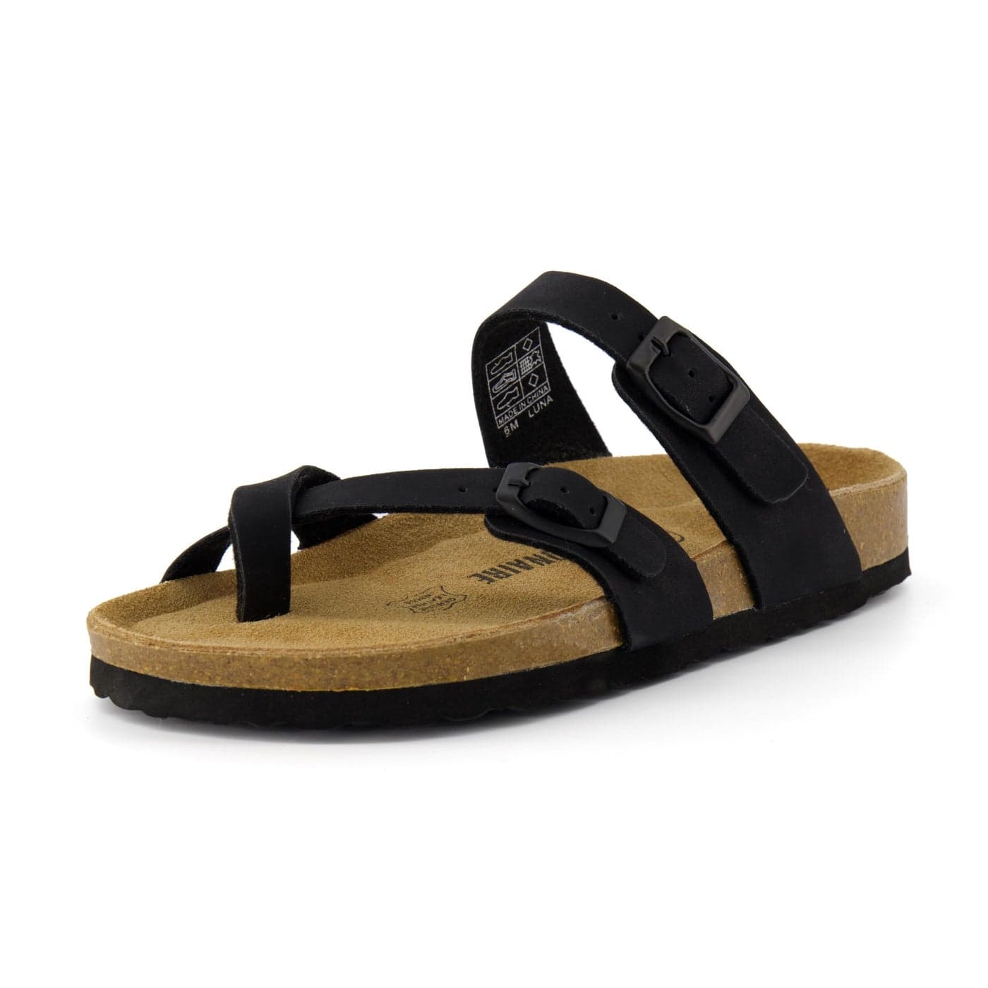 CUSHIONAIRE Luna Crossover Toe Strap Womens Sandals Cork Footbed Slides with Adjustable Straps Summer Sandals for Women 2025 BLACK 8W