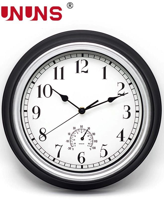 12 Inch Wall Clock with Thermometer, Retro Silent Non-Ticking Waterproof Quartz Decorative for Kitchen Patio,Bathroom,Deck,Porch,Pool