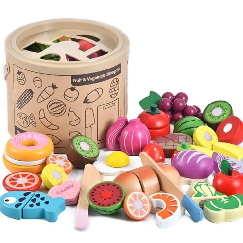 WHOHOLL 43 Pcs Wooden Play Food for Kids Play Kitchen Accessories Playset with Basket Pretend Cutting Food Toys for 3 4 5 6 Year Old Vegetables Fruits Toys Christmas Birthday Gifts for Girls Boys