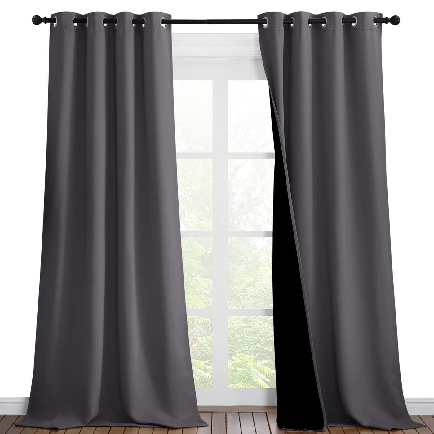 NICETOWN Grey Full Shade Curtain Panels Pair of Thermal Insulated Energy Efficiency Blackout Curtains for Living Room Windows Lined Silky Performance Window Dressing 46 Wide x 90 Long Gray