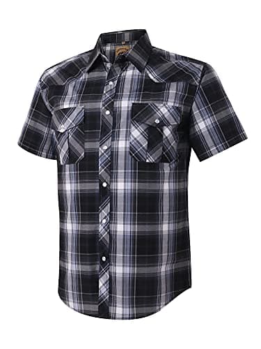 COEVALS CLUB Men's Western Plaid Pearl Snap Buttons Two Pockets Casual Short Sleeve Shirts (Gray,Black/L, 9#)